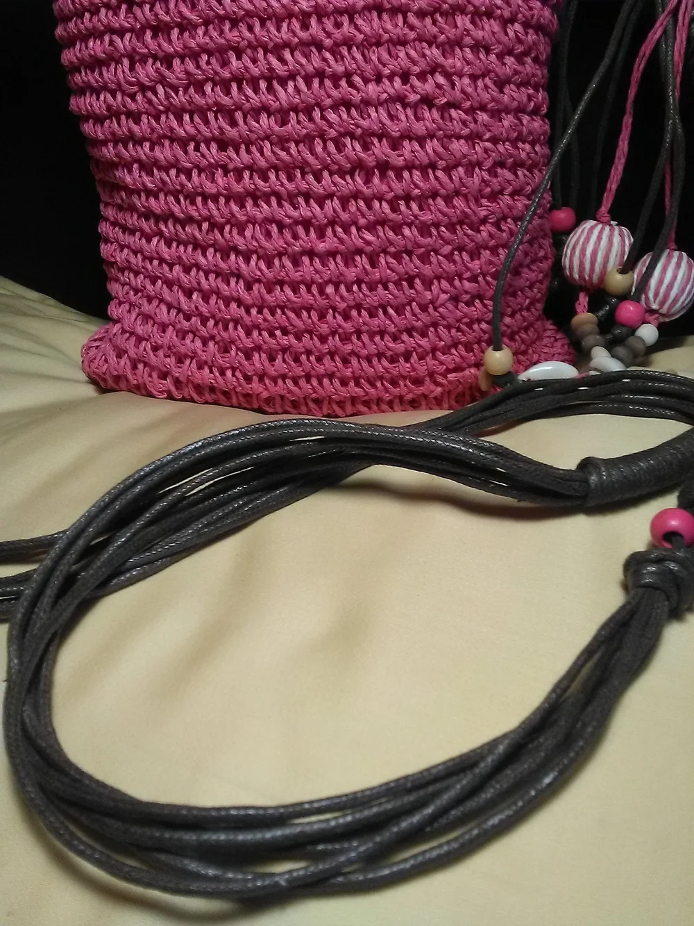 NWOT Handmade Pink Crochet Crossbody Bag LEATHER Beaded Strap